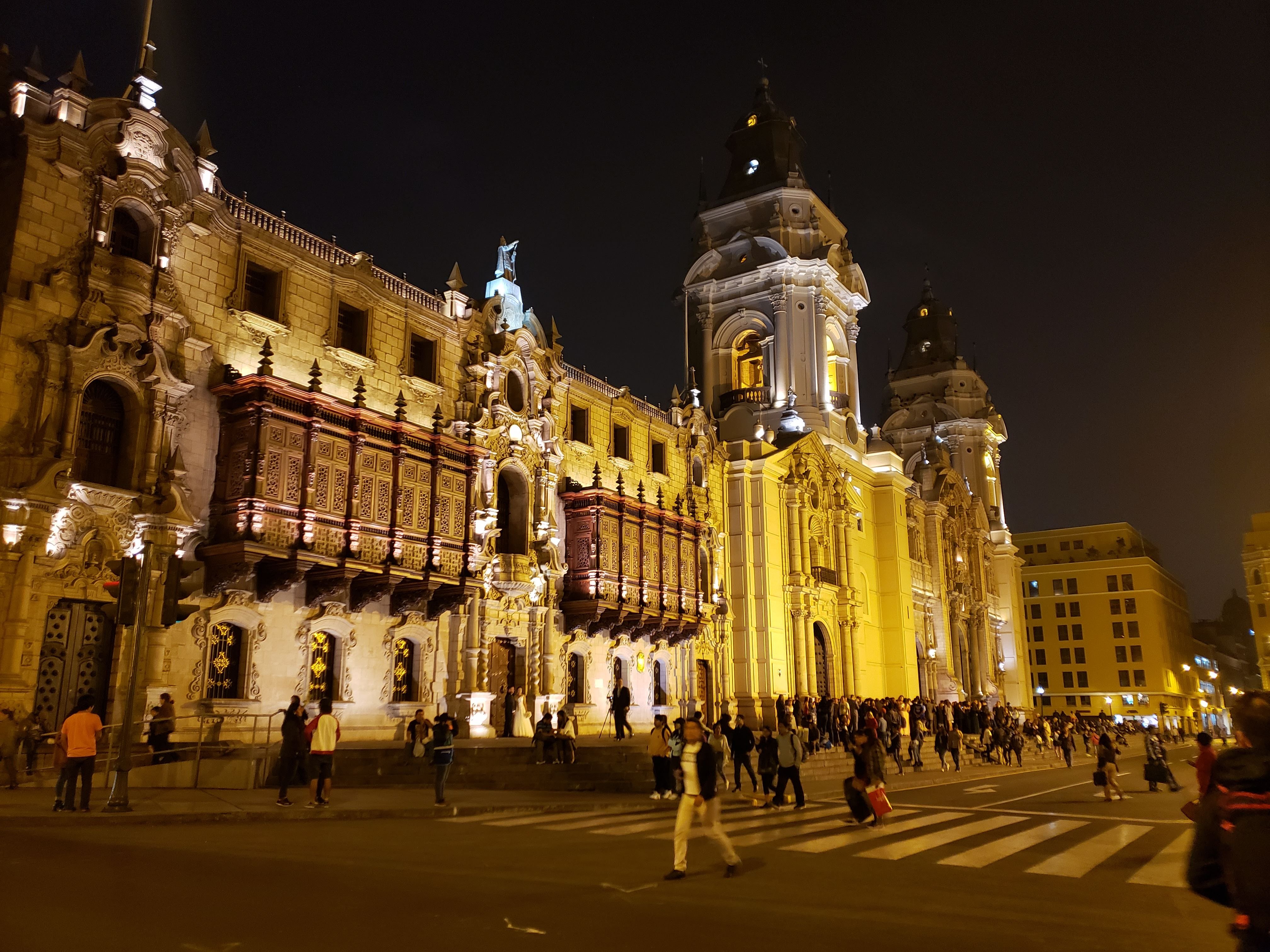 Cathedral in Cusco at night with uplighting