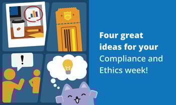 Illustration of cat with four different ideas for ethics and compliance week. 
