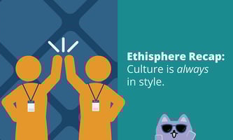 Illustration of two people high fiving with Broadcat in stylish glasses. Wording says Ethisphere recap: culture is always in style.