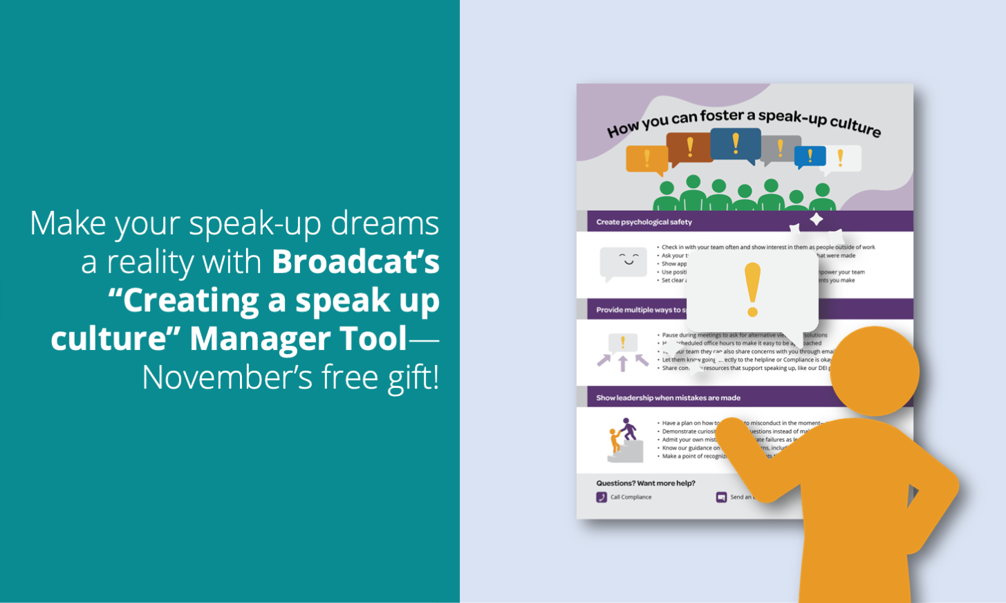 Make your speak-up dreams a reality with Broadcat's "Creating a speak up culture" Manager Tool—November 2021's free gift for Compliance Design Club Members!
