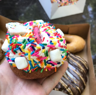 Yep, those are marshmallows, sprinkles, and frosted animal cookies atop a cake doughnut.