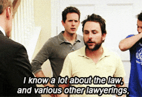 Character from TV show It's Always Sunny in Philadelphia saying to a lawyer I know a lot about the law, and various other lawyerings