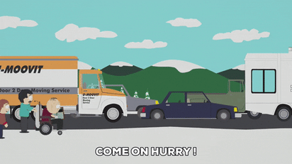 Clip from South Park which says Come on hurry and shows people all running in one direction