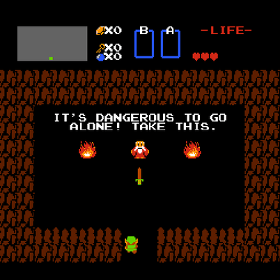 Link entering a cave with two fires, a sword, and an old man saying "it's dangerous to go alone, take this"