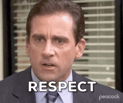 Michael Scott saying, "Respect. R-E-S-P-C-P-T."