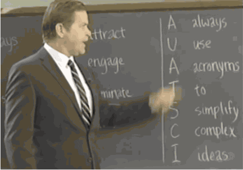  A professor pointing at a chalkboard that reads, "AUATSCI: Always use acronyms to simplify complex ideas."