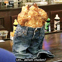 Image of chicken in a pair of jeans from It's Always Sunny in Philadelphia