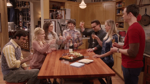 Gif of the characters in The Big Bang Theory celebrating together