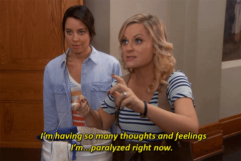 Leslie Knope holding a bucket and saying, "I'm having so many thoughts and feelings I'm....paralyzed right now."