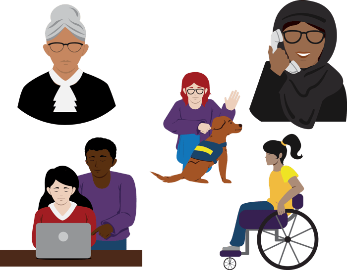 A collage of people consisting of an elder judge, a woman wearing a hijab speaking on the phone, a person with a service dog, an employee assisting their coworker at a laptop, and a person in a wheelchair.