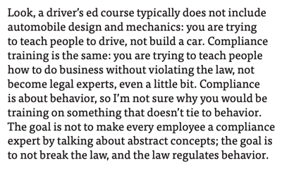 Hui Chen interview answer 16: "Compliance is about behavior, so I'm not sure why you would be training on something that doesn't tie to behavior."