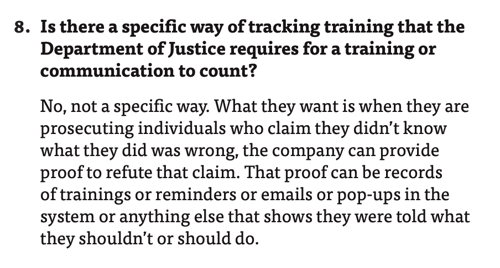 "Is there a specific way of tracking training that the Department of Justice requires for a training or communication to count?" Hui Chen answers, "No, not a specific way."