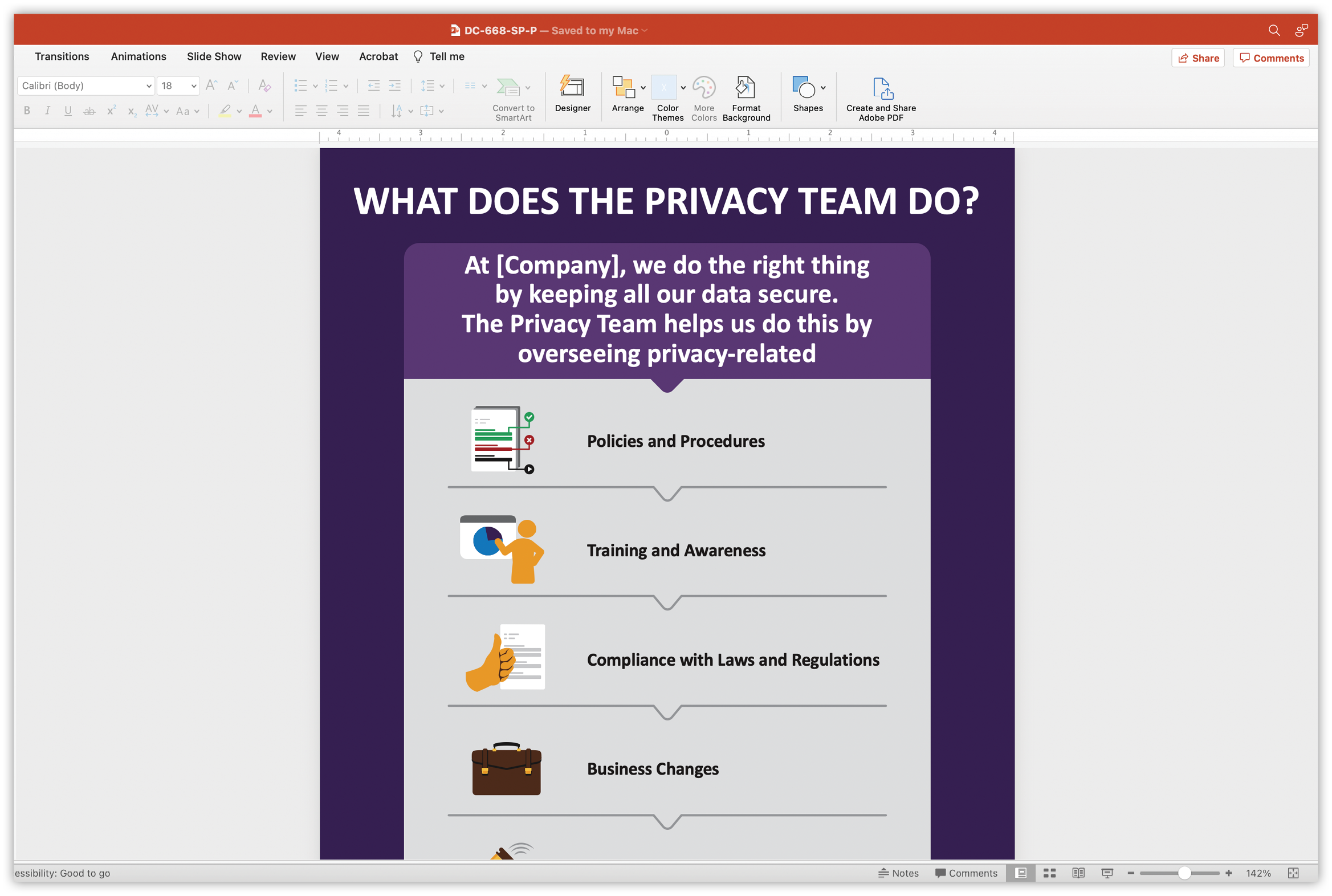 A PowerPoint window is open with a job aid about the Privacy Team inside.