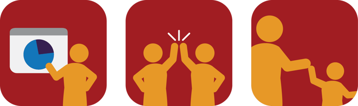 Icons of a person giving a presentation, two people high-fiving, and a parent and child.