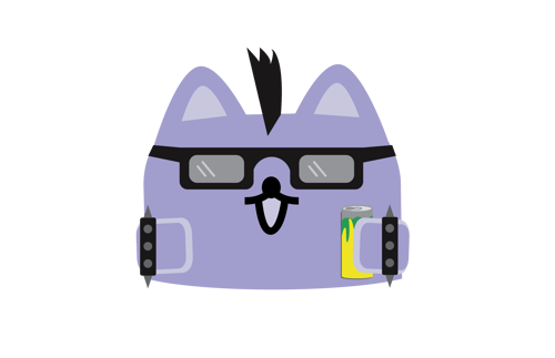 Broadcat with a mohawk wearing sunglasses, spiked bracelets and holding an energy drink.