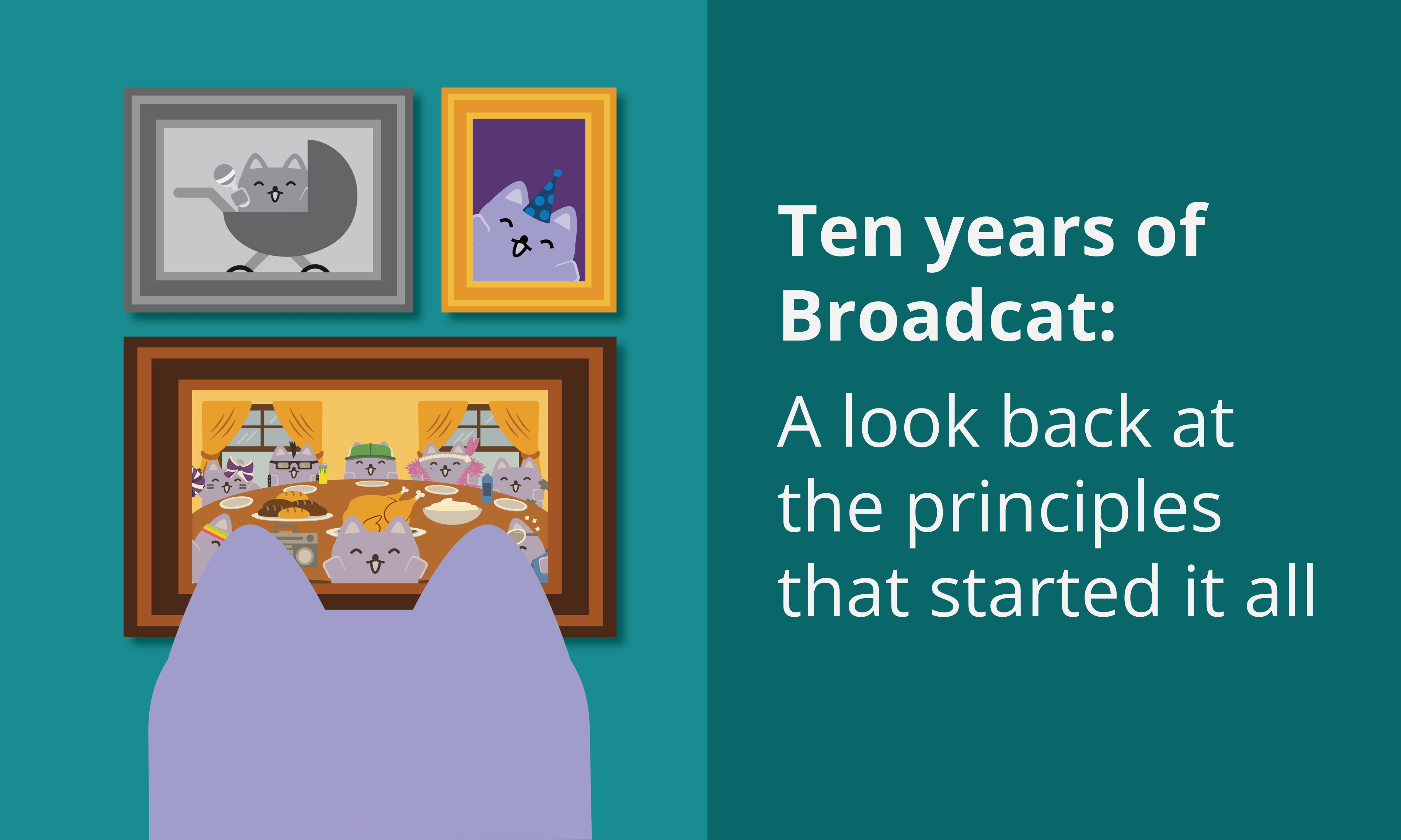 Illustration of Broadcat looking at photos from the past