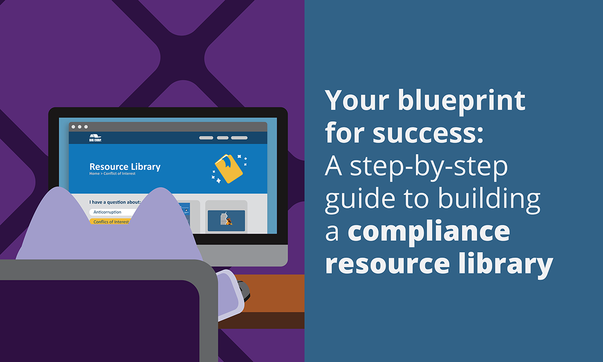 Illustration of Broadcat sitting in front of a computer looking through an online compliance resource library