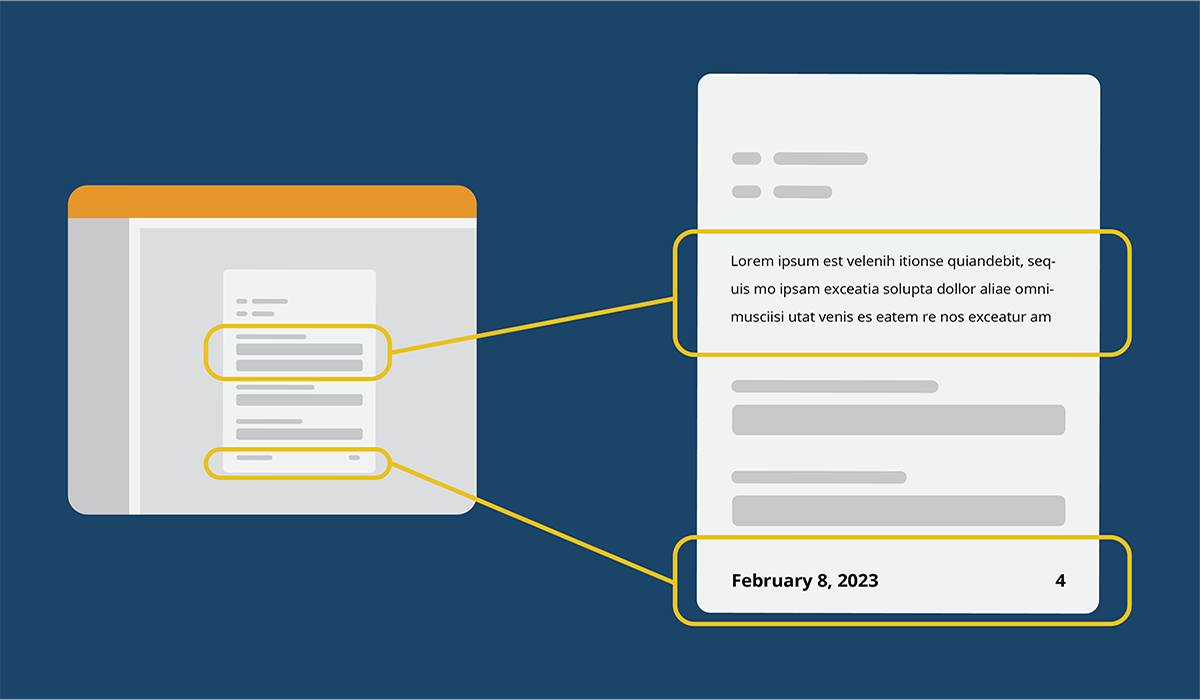 A document with the page number, date, and placeholder text highlighted.