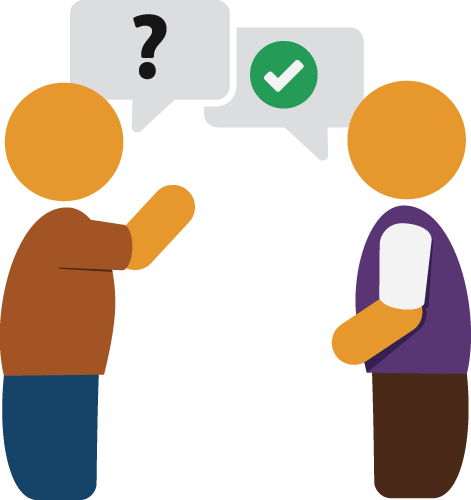 A person with a speech bubble containing a question mark speaking to a person with a speech bubble containing a checkmark.