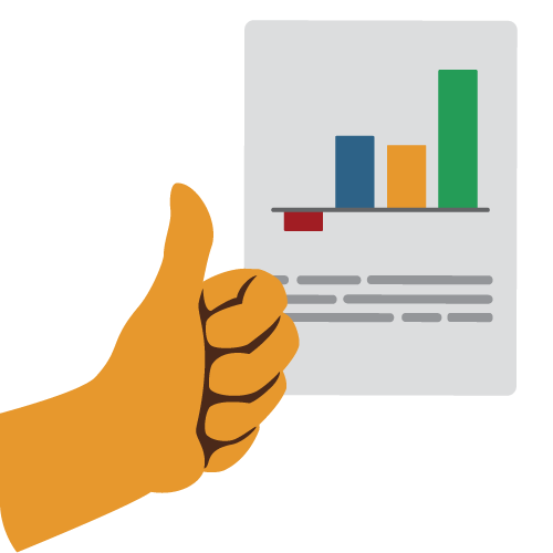 A hand giving a thumbs up next to a document depicting a bar graph.
