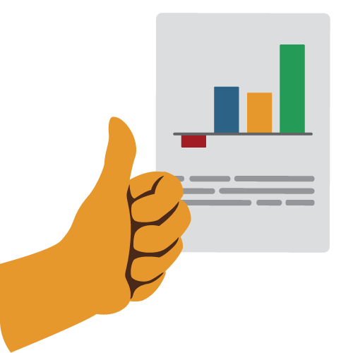 A hand giving a thumbs up next to a document depicting a bar graph. A hand giving a thumbs up next to a document depicting a bar graph.