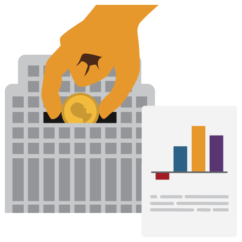 A person depositing a coin into the top of an office building. A financial results document overlays the building.