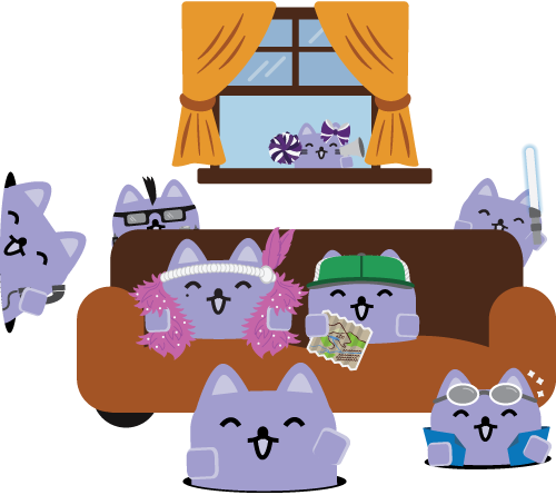 The many faces of Broadcat huddled around a couch. The many faces of Broadcat huddled around a couch.